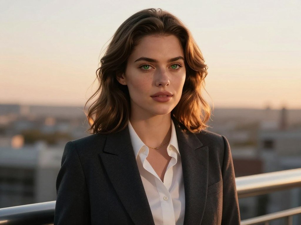 A stunningly realistic 25-year-old woman with soft wavy hair and expressive green eyes, wearing a stylish summer dress, standing on a balcony at sunset, soft golden hour lighting, 8k resolution, cinematic photography style.