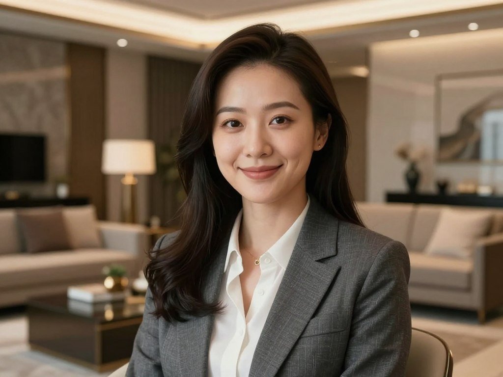 A stunningly realistic 8k portrait of a beautiful AI girlfriend with soft cinematic lighting, sitting in a modern luxury apartment, wearing a stylish silk outfit, detailed facial features, expressive eyes, highly detailed skin texture.