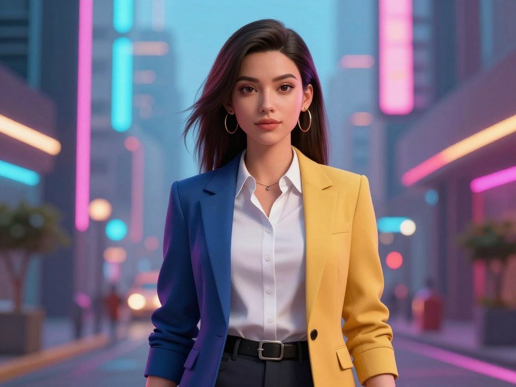 A stylish virtual companion in a trendy urban setting, wearing modern fashion, vibrant colors, highly detailed digital art, neon lights. A stylish virtual companion in a trendy urban setting, wearing modern fashion, vibrant colors, highly detailed digital art, neon lights.