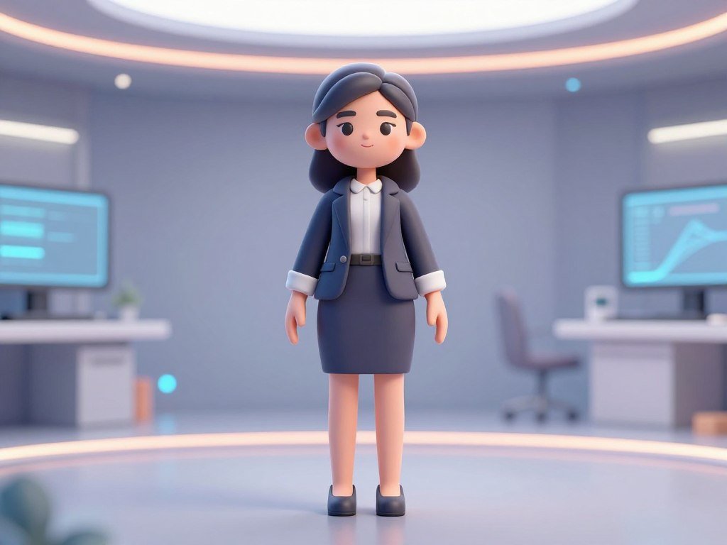 A stylized 3D avatar of a kind-looking woman with colorful hair, standing in a futuristic virtual room, soft glowing lights, 3D render style.