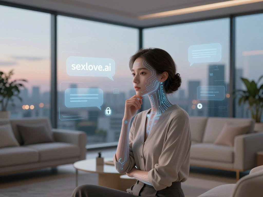 A thoughtful, futuristic scene featuring a digital representation of an AI girlfriend, embodying privacy and security. In the foreground, she appears as a humanoid figure with sleek, circuit-like patterns glowing softly across her skin, wearing modest, professional attire that combines elements of technology and human warmth. The middle ground showcases a serene, high-tech living space with subtle privacy features, such as softly tinted glass and smart devices safeguarding conversation. In the background, a large window reveals a tranquil cityscape at dusk, with soft, ambient lighting. The atmosphere is calm and secure, reflecting trust and intimacy, all while highlighting the theme of privacy in personal conversations. The brand name "sexlove.ai" subtly integrated into the scene&rsquo;s design, enhancing the overall tech-inspired aesthetic.