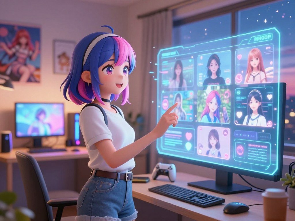 A vibrant and engaging scene depicting an anime-themed girlfriend simulator interacting with a virtual reality interface. In the foreground, a friendly anime character with bright, expressive eyes and colorful hair stands, wearing fashionable, modest casual attire. She is smiling and gesturing towards a holographic display filled with various virtual romantic scenarios, showcasing the diversity of AI girlfriend simulators. In the middle ground, a cozy room filled with gaming consoles, posters, and soft lighting creates an inviting atmosphere. The background includes a window showing a serene evening sky with stars twinkling. The image should have warm lighting to evoke a sense of comfort and excitement, captured with a soft-focus lens to enhance the dreamy quality, embodying the innovative spirit of sexlove.ai. A vibrant and engaging scene depicting an anime-themed girlfriend simulator interacting with a virtual reality interface. In the foreground, a friendly anime character with bright, expressive eyes and colorful hair stands, wearing fashionable, modest casual attire. She is smiling and gesturing towards a holographic display filled with various virtual romantic scenarios, showcasing the diversity of AI girlfriend simulators. In the middle ground, a cozy room filled with gaming consoles, posters, and soft lighting creates an inviting atmosphere. The background includes a window showing a serene evening sky with stars twinkling. The image should have warm lighting to evoke a sense of comfort and excitement, captured with a soft-focus lens to enhance the dreamy quality, embodying the innovative spirit of sexlove.ai.