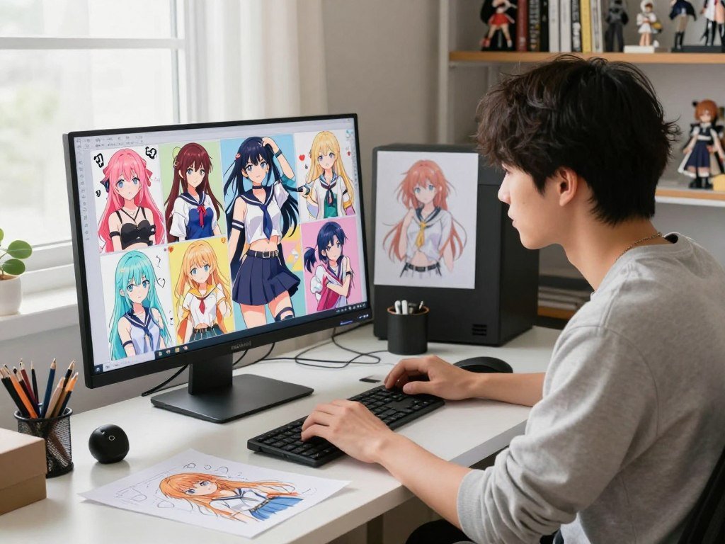 A vibrant and engaging scene of a Japanese anime artist sitting at a stylish desk, customizing diverse anime girlfriend characters on a sleek computer screen. The artist, a young adult wearing casual attire, focuses intently on the screen, surrounded by colorful sketches of different character designs, showcasing various hair colors, outfits, and accessories. In the background, shelves filled with anime memorabilia and art books create an inspiring atmosphere. Soft, natural lighting filters in through a window, highlighting the details on the screen and creating an inviting workspace ambiance. The overall mood is creative and imaginative, perfectly illustrating the essence of personalizing virtual companions. Include the brand name "sexlove.ai" subtly in the accessories on the desk.
