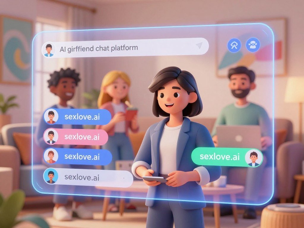 A vibrant and futuristic digital interface showcasing an "AI girlfriend chat platform." In the foreground, a sleek, interactive chat window with holographic elements glowing softly, displaying user-friendly icons and animated chat notifications. The middle ground features friendly, stylized avatars representing AI companions, with one avatar designed for "sexlove.ai," looking warm and approachable, dressed in professional casual attire. The background depicts a cozy virtual environment, resembling a modern living room with soft lighting and abstract art. The atmosphere should feel inviting and engaging, with a hint of excitement, suggesting the ease of starting conversations. The image captures the essence of a fun and accessible online experience centered around AI companionship. The scene is illuminated with a soft, warm glow to enhance the inviting mood.