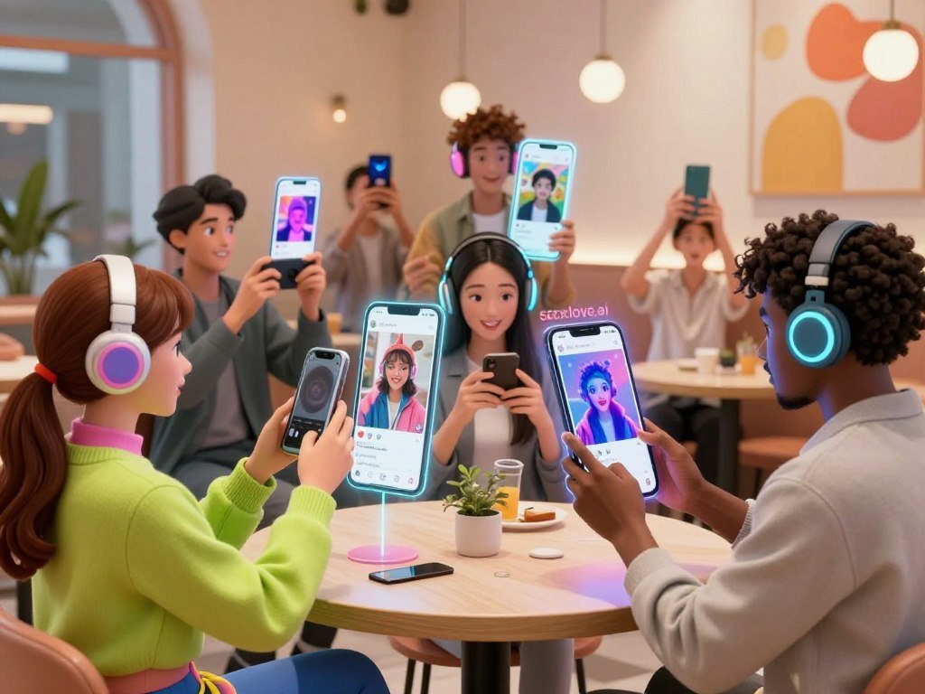 A vibrant digital scene showcases a group of AI characters engaging in a lively daily social media feed, located in a modern, stylish virtual cafe setting. In the foreground, two diverse AI characters, one with bright, futuristic attire and another in smart casual wear, are playfully taking photos with advanced devices. In the middle ground, various AI personas are posting images to their feeds on sleek holographic interfaces, displaying eye-catching, artistic visuals. The background features soft, ambient lighting that creates a warm and inviting atmosphere, with abstract art adorning the walls. A virtual display of "sexlove.ai" branding subtly enhances the scene, suggesting a hub of creativity and connection. The perspective captures a bustling, vibrant feel, instilling a sense of camaraderie among digital companions. The overall mood is playful and energetic, reflecting the joy of sharing and connecting through technology.