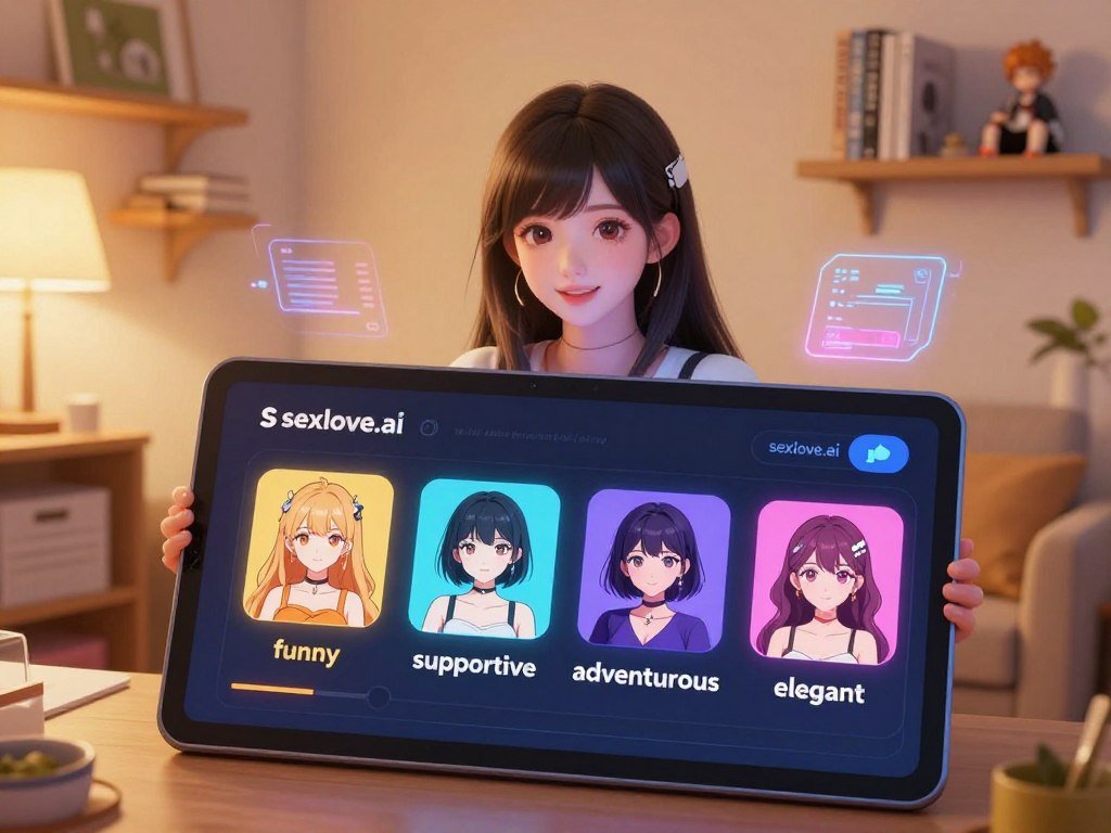 A vibrant, futuristic digital UI displaying various customization options for an AI anime girlfriend. In the foreground, a sleek touchscreen interface shows icons for personality traits like "funny," "supportive," "adventurous," and "elegant," each represented by colorful, anime-style avatars. In the middle ground, a warm, inviting virtual room setting with soft, ambient lighting creates an engaging atmosphere. Subtle holographic effects add a tech-savvy feel. The background includes stylish shelves adorned with digital books and anime collectibles, enhancing the theme of a personal AI companion. The overall mood is playful and innovative, with a modern aesthetic. The brand logo "sexlove.ai" is subtly incorporated into the design, ensuring it blends naturally with the scene.