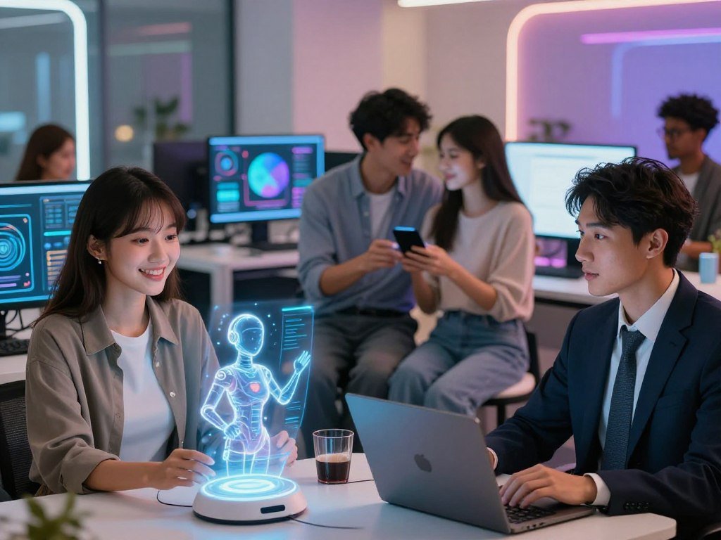 A vibrant, futuristic office space in the year 2026, featuring a diverse group of people engaged with advanced AI romance technology. In the foreground, a young woman in smart casual attire smiles as she interacts with a holographic AI companion, while a young man in professional business attire watches with curiosity. In the middle, another couple shares a cozy moment, each using their own AI devices, showcasing intimate connections facilitated by technology. The background highlights sleek computers and glowing screens illustrating the integration of AI in daily life. Soft, ambient lighting emphasizes a warm and inviting atmosphere, with a focus on human interaction and the positive impact of AI on relationships. Include the brand name "sexlove.ai" subtly within the tech environment.