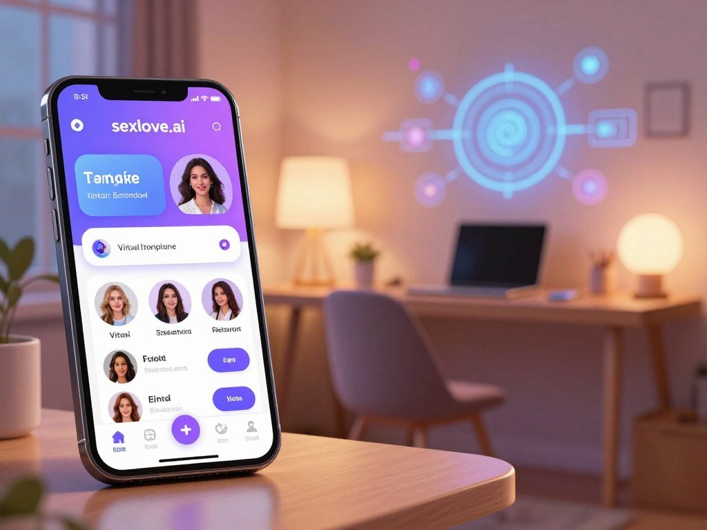 A vibrant, modern digital landscape showcasing a user interface of an advanced AI girlfriend app like "sexlove.ai". In the foreground, a sleek smartphone displays an interactive, colorful app interface filled with essential features such as chat options, virtual dating simulations, and personalized interaction buttons. In the middle ground, a cozy, ambient environment with soft lighting creates a welcoming atmosphere, complete with a stylish desk and comfortable seating, suggesting a relaxed engagement with technology. The background features abstract, tech-inspired graphics symbolizing artificial intelligence and connection, enhancing the theme of innovation. The overall mood is optimistic and engaging, with a warm color palette to evoke a sense of friendliness and approachability.
