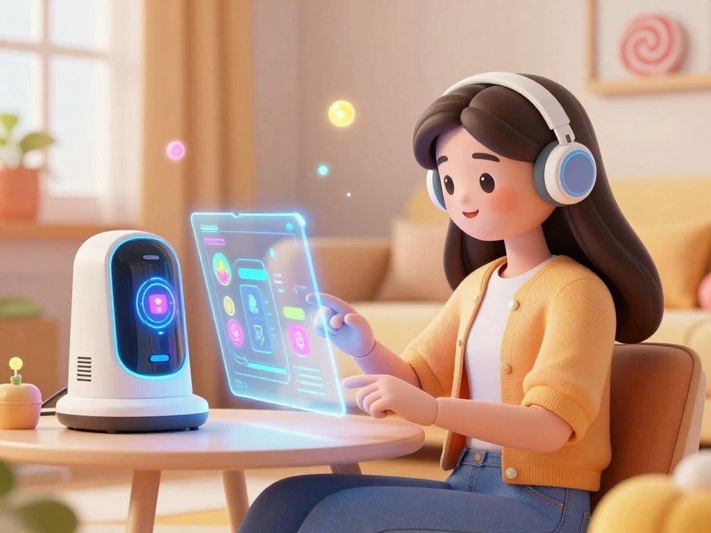 A vibrant scene depicting a dream companion inspired by the concept of an AI girlfriend. In the foreground, a friendly and approachable humanoid character with soft features, wearing stylish yet modest casual attire. They are sitting comfortably in a cozy room, engaging with a user interface on a futuristic holographic screen displaying colorful graphics. In the middle ground, a sleek, high-tech device suggests advanced AI technology, with playful icons representing various features. The background features a warm, softly lit space filled with whimsical decorations, like floating candy-themed elements and glowing light orbs, creating an inviting and cheerful atmosphere. The overall ambiance is one of fun and connection, emphasizing a sense of comfort and companionship, perfect for representing "sexlove.ai". Use soft, natural lighting to enhance the friendliness of the scene, viewed from a slightly elevated angle to capture all elements harmoniously.
