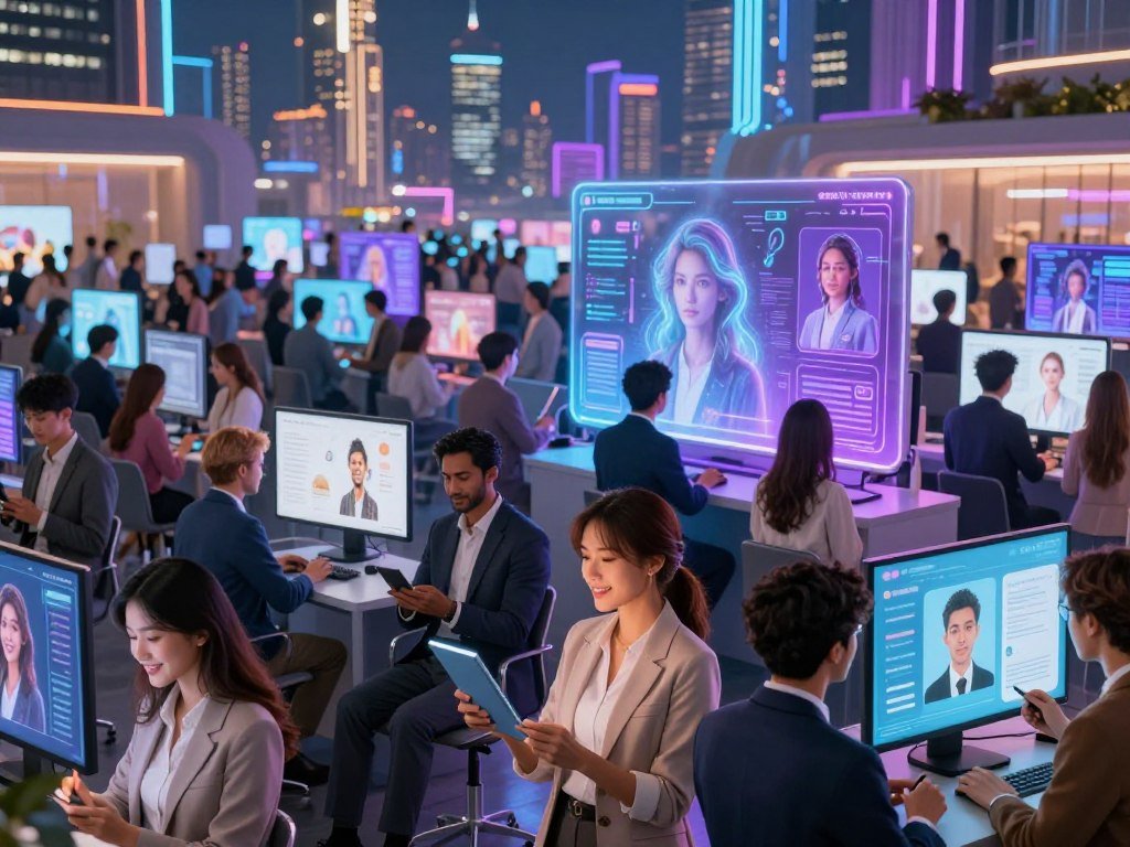 A vibrant scene depicting millions of people in a bustling digital marketplace, each engaged with screens displaying various digital companions for emotional support. In the foreground, diverse individuals of different ethnic backgrounds, wearing professional business attire and modest casual clothing, show expressions of joy and contemplation as they browse their personalized AI options. The middle ground features a dynamic array of holographic displays showcasing lifelike avatars and interactive AI interfaces, glowing softly in blue and purple hues. In the background, a panoramic view of futuristic skyscrapers illuminated with neon lights, symbolizing a tech-savvy world. The atmosphere is lively yet intimate, with warm lighting creating a sense of hope and companionship. The brand "sexlove.ai" subtly integrated into the visuals without being overpowering.
