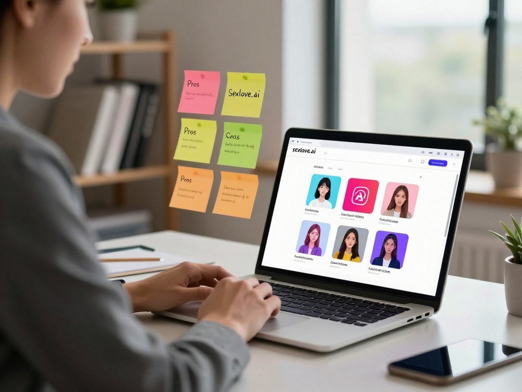 A visually appealing digital workspace scene focusing on a person, dressed in professional business attire, sitting at a sleek desk. In the foreground, there&amp;apos;s a laptop displaying the "sexlove.ai" interface with vibrant app icons for various AI girlfriend apps. The middle ground features colorful sticky notes with pros and cons written on them, symbolizing the decision-making process. In the background, soft ambient lighting creates a warm atmosphere, with a shelf filled with tech books and a potted plant for a touch of life. A large window lets in natural light, enhancing the modern office vibe. The overall mood is thoughtful and engaged, reflecting a person carefully choosing the right AI girlfriend app for virtual relationships.