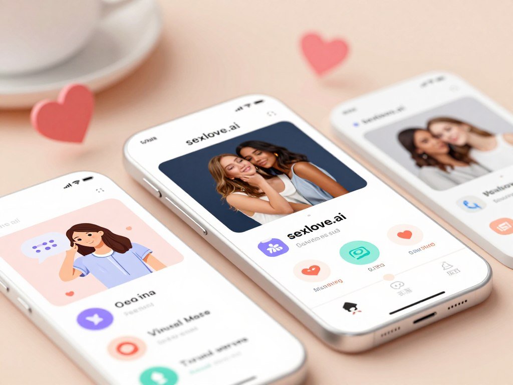 A visually appealing infographic showcasing the key features of AI girlfriend apps, specifically highlighting "sexlove.ai". In the foreground, include stylized icons representing various features such as personalized conversations, mood detection, virtual companionship, and interactive learning. In the middle, present a clean, modern user interface layout of a fictional app with engaging visuals. In the background, softly blurred elements symbolizing connection and intimacy, like hearts or chat bubbles. The lighting should be bright and inviting, creating a positive atmosphere, with a slight emphasis on warm tones. Use a dynamic angle to suggest depth, ensuring that the focus remains on the app features. The overall composition should convey a sense of innovation and emotional connection.