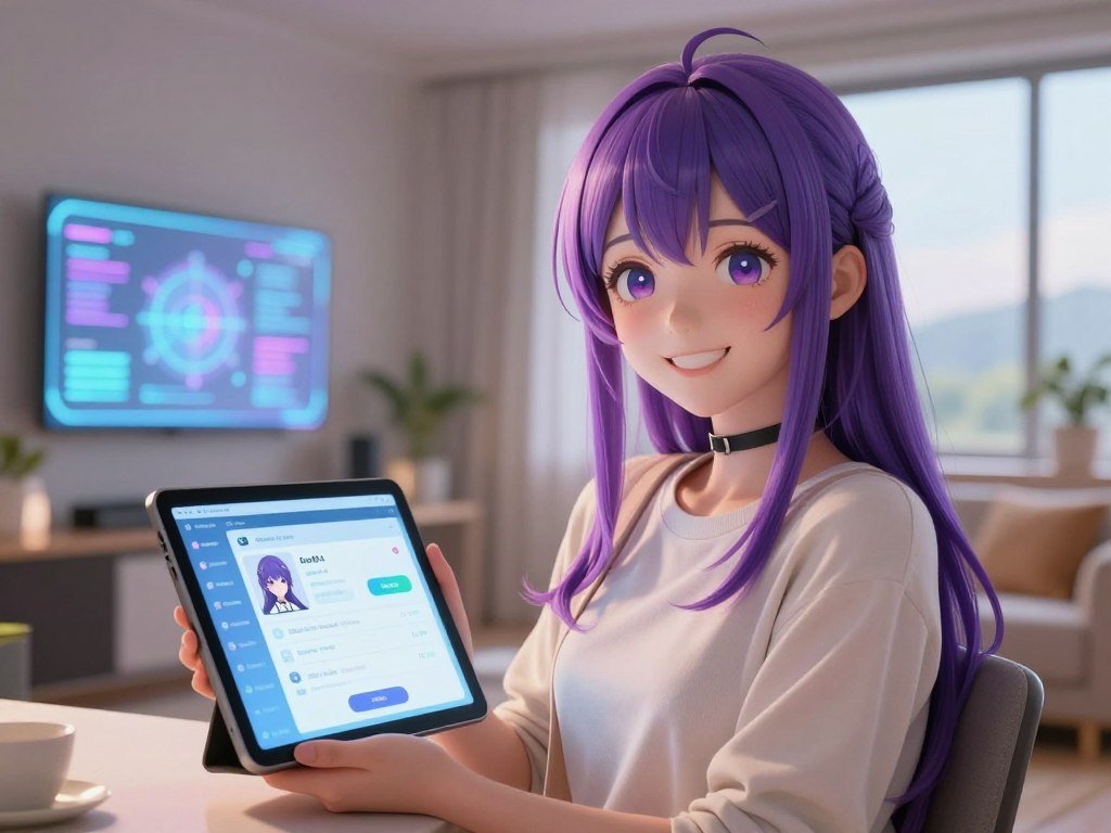 A visually captivating scene of an Anime Girlfriend AI showcasing the benefits of companionship, featuring a cheerful, anime-style female character with vibrant anime hair and expressive eyes, dressed in a modest and stylish outfit. In the foreground, she smiles warmly, holding a tablet displaying a personalized AI interface. The middle ground includes a cozy, futuristic room adorned with holographic displays and soft ambient lighting that creates a welcoming atmosphere. In the background, a window reveals a serene landscape, promoting a sense of connection with the outside world. The image is illuminated by soft, warm lighting, giving a friendly and inviting vibe, captured from a slightly low angle to emphasize her presence. The overall mood is uplifting and engaging, illustrating how an Anime Girlfriend AI can enhance one&amp;apos;s daily life, branded subtly with "sexlove.ai".