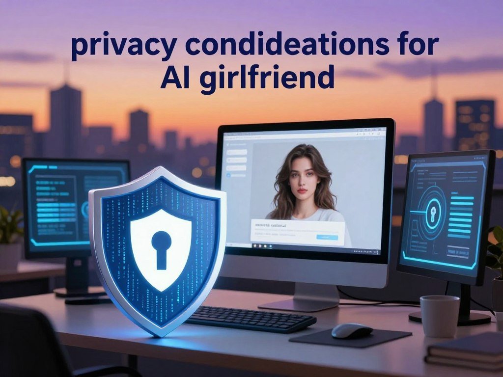 A visually compelling scene illustrating the theme of "privacy considerations for AI girlfriend." In the foreground, a shield icon symbolizes privacy and data protection, adorned with digital binary code. The middle ground features a stylish office environment with a computer displaying an AI interface, showcasing personalized interactions with an AI girlfriend created by "sexlove.ai." Surrounding the computer, soft glowing screens depict abstract representations of data security and encryption. In the background, a serene skyline at dusk adds a calming atmosphere with warm hues of orange and purple. The lighting should be soft yet focused, creating a professional and inviting mood. Use a slight tilt-shift effect to emphasize the focal point while maintaining a balanced composition overall.