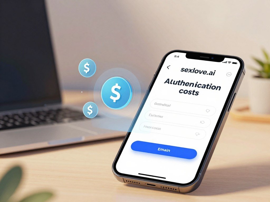 A visually engaging digital illustration representing the concept of "AI girlfriend apps authentication costs." In the foreground, a smartphone displays an interactive interface of the app "sexlove.ai," showcasing a user-friendly sign-up process with highlighted email input fields. The middle layer features animated holographic elements depicting currency symbols to emphasize potential costs associated with authentication. In the background, a serene, modern workspace setting hints at a tech-savvy environment, with soft, warm lighting to convey a welcoming atmosphere. The camera angle should be slightly tilted to create a dynamic perspective, focusing on the smartphone while softly blurring the background. The overall mood is engaging and informative, aimed at attracting users to explore AI girlfriend applications while maintaining a professional tone.