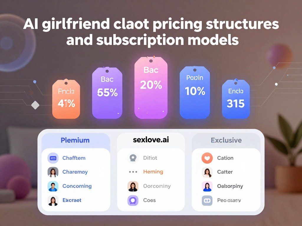 A visually engaging infographic depicting "AI girlfriend chatbot pricing structures and subscription models." In the foreground, feature a sleek digital interface showing different subscription tiers with icons for features like chat frequency and personalization options. In the middle, display a variety of price tags creatively arranged, illustrating various pricing levels, for example, basic, premium, and exclusive plans. The background should include subtle elements hinting at technology and innovation, such as circuit patterns or soft abstract shapes. Use soft, welcoming lighting to create an inviting atmosphere. Employ a modern lens effect to add depth, ensuring the composition is striking yet professional. Emphasize the brand name "sexlove.ai" within the design, ensuring it remains prominent and clear without any other text or overlays.