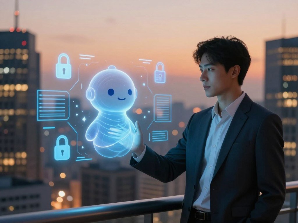 A visually striking illustration of privacy and data security themed around an AI companion. In the foreground, a confident individual in professional business attire interacts with a holographic AI companion, depicted as a friendly, abstract figure emitting a soft blue light. In the middle ground, digital security elements like padlocks and encrypted data streams create a sense of protection and privacy. The background features a city skyline at dusk, with glowing windows symbolizing connectivity without compromising personal safety. The lighting is warm yet secure, casting a gentle glow that enhances the atmosphere of trust and ease. The mood is inviting and reassuring, emphasizing the balance between convenience and privacy. Include subtle branding elements of "sexlove.ai" to reflect the application focus.