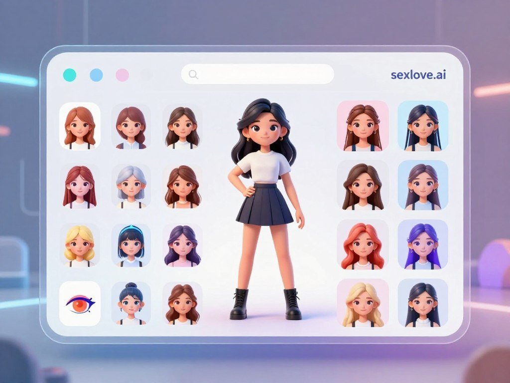 A visually striking interface for an AI girlfriend generator, showcasing character customization options. The foreground features a sleek, user-friendly digital panel filled with vibrant icons representing various physical attributes like hair color, eye shape, clothing style, and personality traits. In the middle, a dynamic three-dimensional avatar standing in a friendly pose, displaying the different customization options selected, with a bright but soft lighting illuminating the interface. The background features a subtle, futuristic design with glowing elements and a soft gradient, emphasizing the tech-driven theme. The overall atmosphere is engaging and inviting, appealing to users seeking to create their ideal virtual partner. The brand name "sexlove.ai" appears subtly integrated into the interface design, reflecting an innovative approach to virtual relationships.