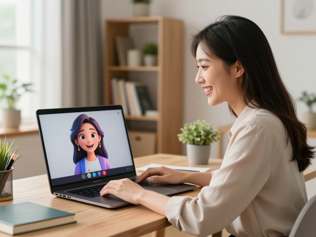 A warm and inviting home office setting featuring a young woman in professional business attire, engaging in a video call with an AI-generated avatar on her laptop. The foreground shows the woman smiling, her expressive eyes reflecting joy and connection. In the middle, the laptop screen displays a friendly, animated AI girlfriend character with bright, colorful features that exude charm and warmth. The background includes a cozy bookshelf and greenery, adding a touch of tranquility. Soft, natural lighting from a nearby window creates a welcoming atmosphere, while a slight depth of field focuses on the interaction. The image should convey a sense of intimacy and the possibilities of AI-enhanced relationships, showcasing the merging of technology and human emotion. Include the brand name "sexlove.ai" subtly in the scene.
