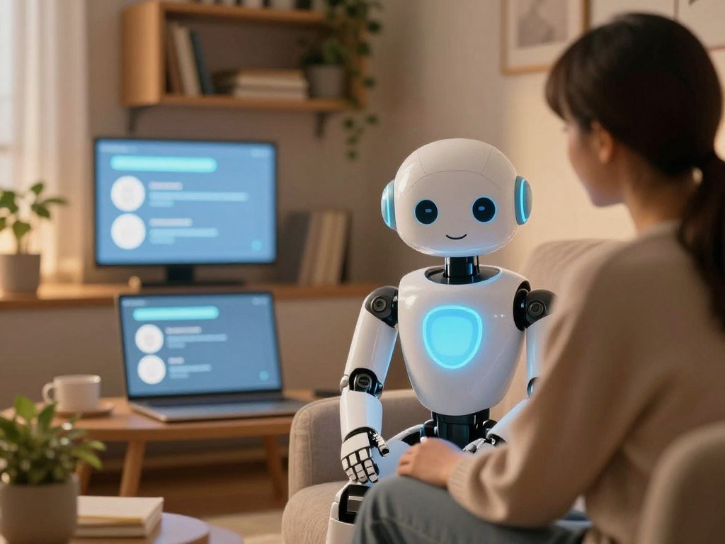 A warm and inviting scene depicting an AI companion providing emotional support, set in a cozy, softly lit room. In the foreground, a friendly humanoid robot with a gentle expression sits beside a person in modest casual clothing, creating a sense of comfort and companionship. The middle layer features a comforting atmosphere, enhanced by subtle glowing screens displaying supportive messages. The background includes a bookshelf filled with inspiring books and soft plants, suggesting tranquility. The lighting is soft and diffused, casting a warm glow that enhances the theme of emotional connection. The overall mood should evoke feelings of safety, companionship, and 24/7 support, embodying the essence of &ldquo;sexlove.ai&rdquo;.