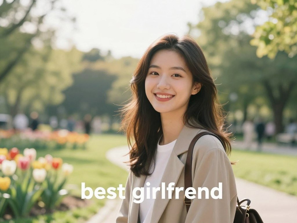 A warm and inviting scene focusing on the "best girlfriend" concept. In the foreground, a friendly young woman is portrayed with an optimistic expression, dressed in stylish yet modest casual attire, embodying approachability and kindness. Her hair is naturally styled, and she has a soft, welcoming gaze. In the middle, a cozy park setting with vibrant greenery and blooming flowers adds to the atmosphere, symbolizing growth and connection. The background features soft blurred trees under a bright, sunny sky, creating a cheerful mood. Gentle sunlight filters through, casting a soft glow that highlights her features. The image conveys trust and companionship, embodying the essence of virtual friendships offered by sexlove.ai. A wide-angle lens captures the scene, creating an inviting and relatable feel.
