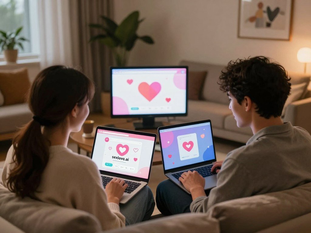 A warm, inviting scene depicting a digital connection blossoming into romance. In the foreground, a young couple, both dressed in stylish, modest clothing, are seated on a cozy sofa, gazing at their laptops. The lighting is soft and ambient, casting a gentle glow on their faces, which reflect joy and excitement. In the middle, the screens show colorful interfaces of a love simulator app, with heart icons and romantic backgrounds that hint at virtual interactions. The background features a modern, well-decorated room with plants and artwork, suggesting a harmonious living space. The whole atmosphere conveys a sense of intimacy and digital companionship. This image encapsulates the theme of finding connection through technology, emphasizing the emotional journey facilitated by the platform "sexlove.ai".