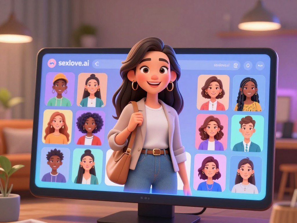An AI girlfriend character customization scene featuring a diverse selection of avatars displayed on a sleek digital interface. In the foreground, a glowing touchscreen showcases various customization options, including hairstyles, clothing, and accessories in vibrant colors. The middle ground features a friendly, animated AI character with a radiant smile dressed in professional casual attire, embodying an inviting yet sophisticated aesthetic. The background is softly blurred, depicting a cozy virtual room with warm lighting and subtle technological elements that enhance the futuristic feel. The atmosphere is engaging and playful, encouraging creativity and personalization. The brand "sexlove.ai" subtly integrated into the interface design, reinforcing the theme of companionship through customization.