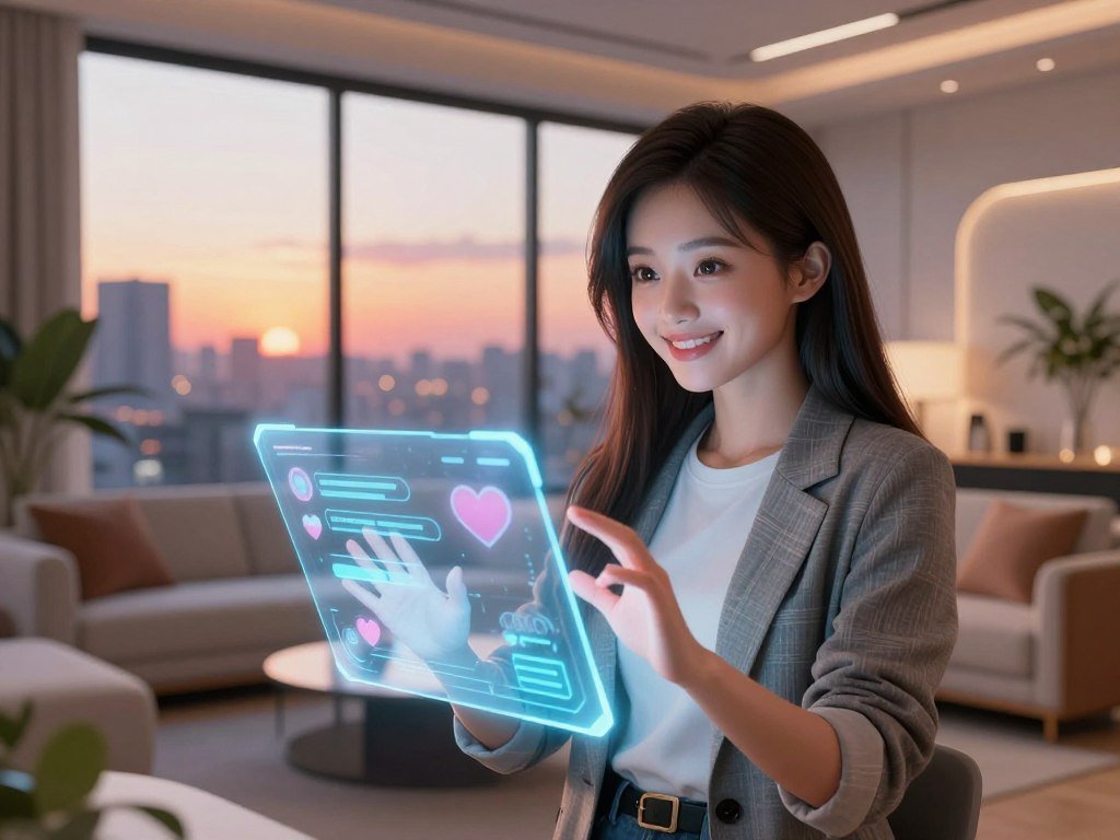 An AI virtual girlfriend created by sexlove.ai, depicted in a futuristic, cozy digital environment. In the foreground, a charming female avatar with an inviting smile and expressive eyes, wearing stylish, professional casual attire. Her glowing, holographic interface displays heartwarming responses and animated gestures, emphasizing her friendly nature. In the middle ground, a sleek and modern living space, filled with soft lighting, futuristic furniture, and plants, creating a warm, inviting atmosphere. The background features a window showing a vibrant cityscape reflecting the advancements of 2026, bathed in the warm glow of sunset. The scene conveys a sense of companionship and comfort, underscoring the idea of an ideal digital partner for the future. Low angle shot to enhance the lifelike quality, with soft lighting to create an intimate feel, inviting viewers into this seamless blend of technology and empathy.