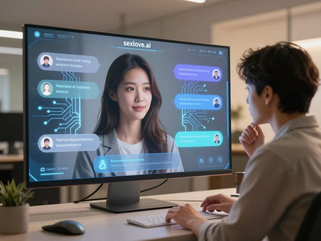 An advanced AI girlfriend chatbot technology with a sleek, futuristic interface displayed on a high-resolution digital screen. In the foreground, a user interacts with the chatbot, depicted as a professional individual in modest casual clothing, engaged in a thoughtful conversation. The middle layer features visual elements representing artificial intelligence, such as glowing circuit patterns and digital icons symbolizing companionship. In the background, a modern, tech-inspired workspace adds depth, illuminated by soft ambient lighting to create a warm and inviting atmosphere. The composition conveys a sense of innovation and connection, reflecting the benefits of AI companionship. The brand name "sexlove.ai" subtly integrated into the interface design enhances the futuristic aesthetic. The image captures a moment of interaction that emphasizes emotional connection and technological advancement.