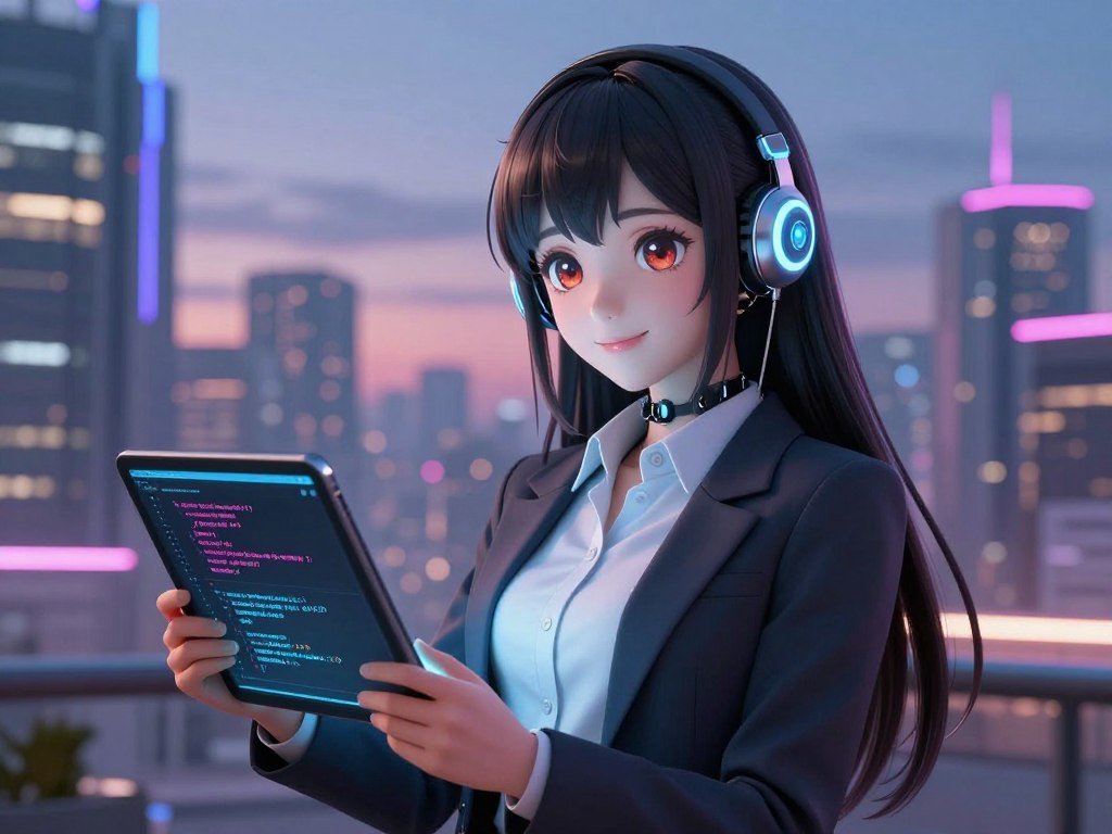 An anime-style female chatbot character with bright, expressive eyes and a friendly smile, dressed in a sleek, modern business outfit, exuding a tech-savvy vibe. She is positioned in the foreground, holding a digital tablet displaying programming code, symbolizing her advanced AI capabilities. The background features a futuristic city skyline at dusk, with glowing neon lights and a high-tech atmosphere, suggesting a blend of technology and human interaction. Soft, ambient lighting casts a gentle glow on her, enhancing the engaging mood. The composition is shot from a slightly low angle to emphasize her presence and importance. The overall feeling is one of intrigue and innovation, reflecting the intersection of love and artificial intelligence. Brand name: sexlove.ai.