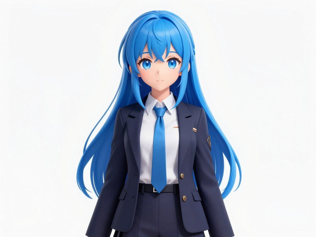 An anime-style virtual girlfriend with blue hair and large eyes, wearing a casual hoodie, vibrant colors, digital art style.