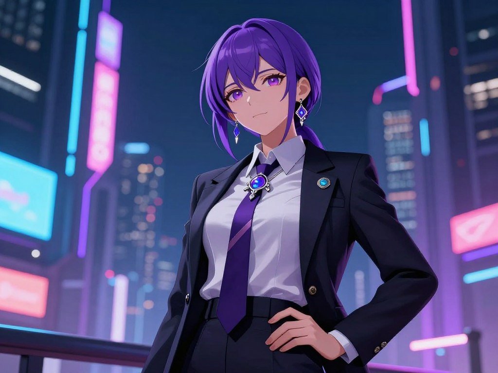 An artistic anime-style character with purple hair and mystical jewelry, standing in a neon-lit futuristic city, vibrant colors, intricate details, high quality digital art. An artistic anime-style character with purple hair and mystical jewelry, standing in a neon-lit futuristic city, vibrant colors, intricate details, high quality digital art.