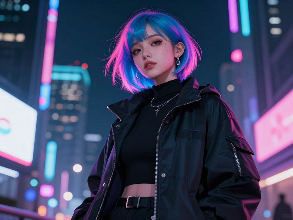 An artistic illustration of a cool AI girlfriend with neon-colored hair and trendy clothes, standing under city lights at night, cyberpunk aesthetic, highly detailed digital art.