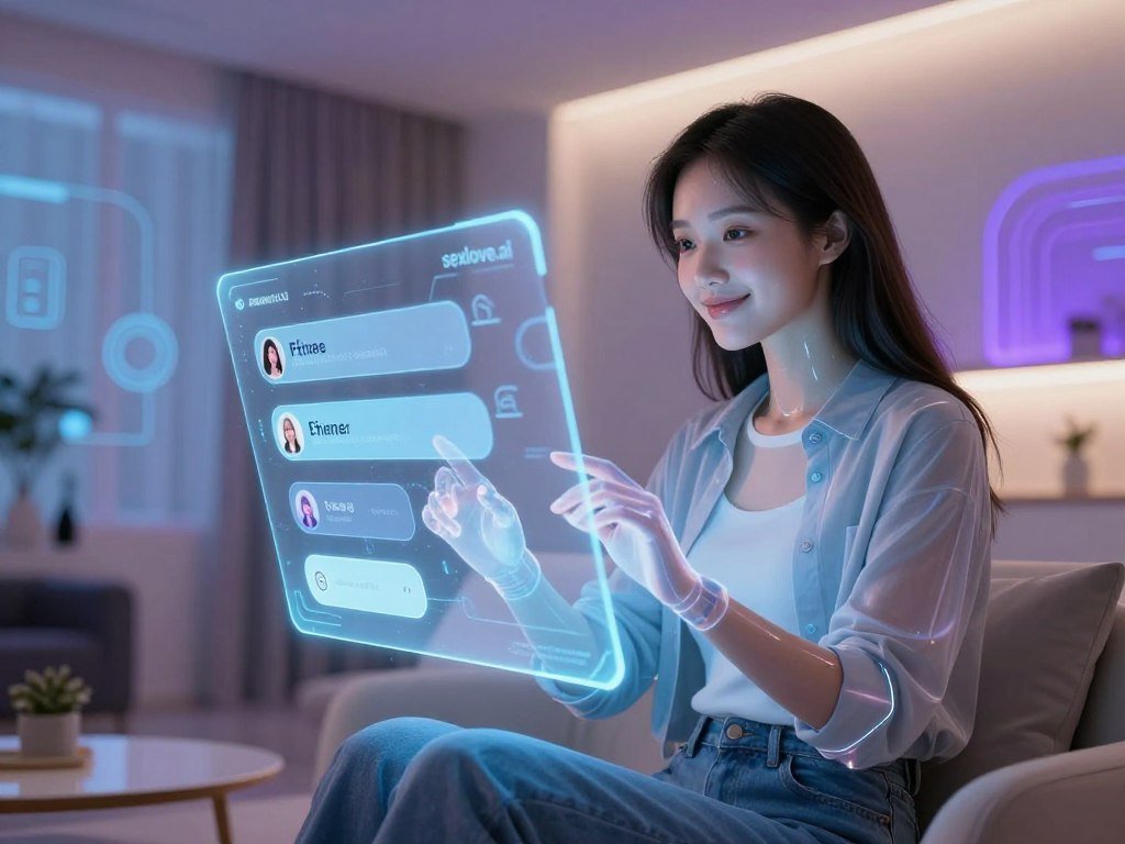 An elegant and futuristic AI girlfriend concept, featuring a holographic interface that showcases both free and premium features. In the foreground, a semi-transparent, life-sized humanoid figure with an engaging yet friendly expression, wearing stylish casual attire. The figure interacts with a glowing, interactive screen displaying various options like chat sessions and personalized features. In the middle ground, a sleek modern room with soft, ambient lighting that creates a relaxing atmosphere, accentuated by soft blue and purple hues. The background includes abstract digital patterns representing technology and connectivity. The overall mood is warm, inviting, and innovative, embodying the ideal blend of companionship and advanced technology, branded with "sexlove.ai" subtly integrated into the design. An elegant and futuristic AI girlfriend concept, featuring a holographic interface that showcases both free and premium features. In the foreground, a semi-transparent, life-sized humanoid figure with an engaging yet friendly expression, wearing stylish casual attire. The figure interacts with a glowing, interactive screen displaying various options like chat sessions and personalized features. In the middle ground, a sleek modern room with soft, ambient lighting that creates a relaxing atmosphere, accentuated by soft blue and purple hues. The background includes abstract digital patterns representing technology and connectivity. The overall mood is warm, inviting, and innovative, embodying the ideal blend of companionship and advanced technology, branded with "sexlove.ai" subtly integrated into the design.