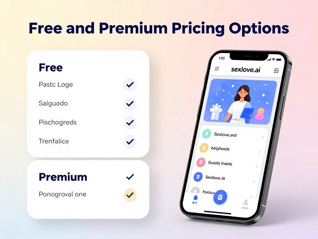An informational graphic showcasing "Free and Premium Pricing Options" for a virtual AI girlfriend service named "sexlove.ai." In the foreground, display two distinct vertical pricing tables, one labeled "Free" with simple features, and another labeled "Premium" with enhanced features, illustrated through check marks or icons. In the middle ground, include a sleek digital interface, resembling a user-friendly app on a modern smartphone or tablet, showing an engaging layout with playful yet professional design elements. The background should feature a soft gradient, evoking a sense of warmth and accessibility. Use bright but soft lighting to create an inviting atmosphere, and an angle that highlights both the pricing tables and the digital interface clearly. Aim for a clean, tech-savvy aesthetic that conveys innovation and friendliness, perfect for an audience exploring AI companions.