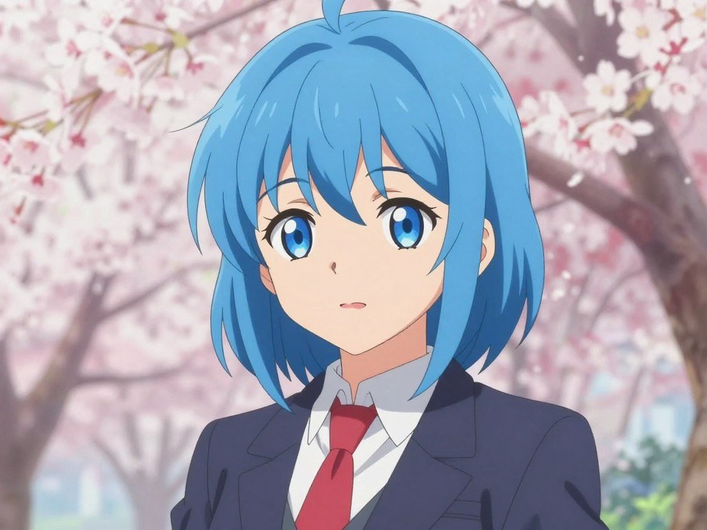 Anime-style AI girlfriend with blue hair and large expressive eyes, wearing a school uniform, cherry blossom background, soft cel-shaded art style. Anime-style AI girlfriend with blue hair and large expressive eyes, wearing a school uniform, cherry blossom background, soft cel-shaded art style.