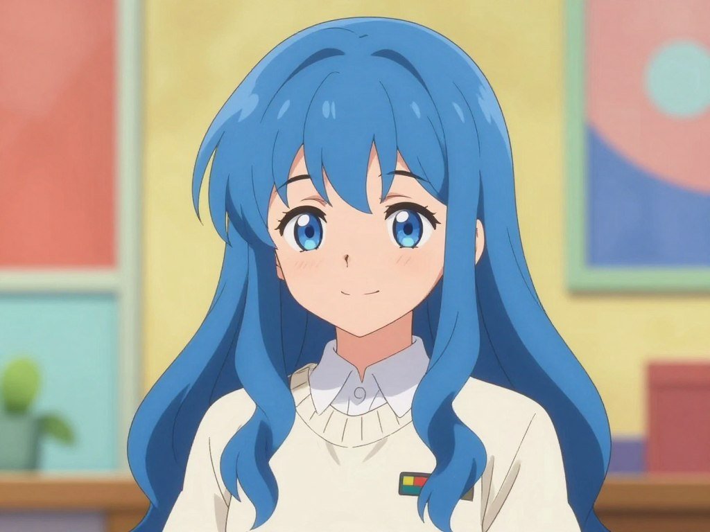 Anime style girl with soft features and long blue hair, wearing a casual sweater, gentle smile, vibrant and colorful artistic background. Anime style girl with soft features and long blue hair, wearing a casual sweater, gentle smile, vibrant and colorful artistic background.