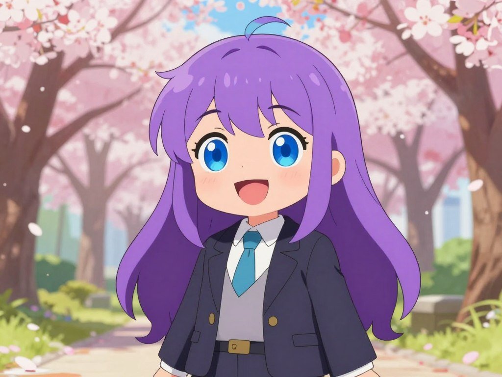 Anime style illustration of a cute AI girlfriend with long purple hair and blue eyes, smiling brightly, standing under cherry blossom trees, vibrant colors.