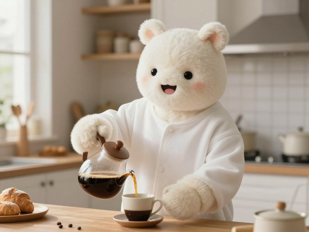 Cinematic 4K video of a beautiful AI girlfriend in a cozy sunlit kitchen, wearing a white oversized shirt, smiling warmly while pouring coffee, highly realistic textures, soft focus background.