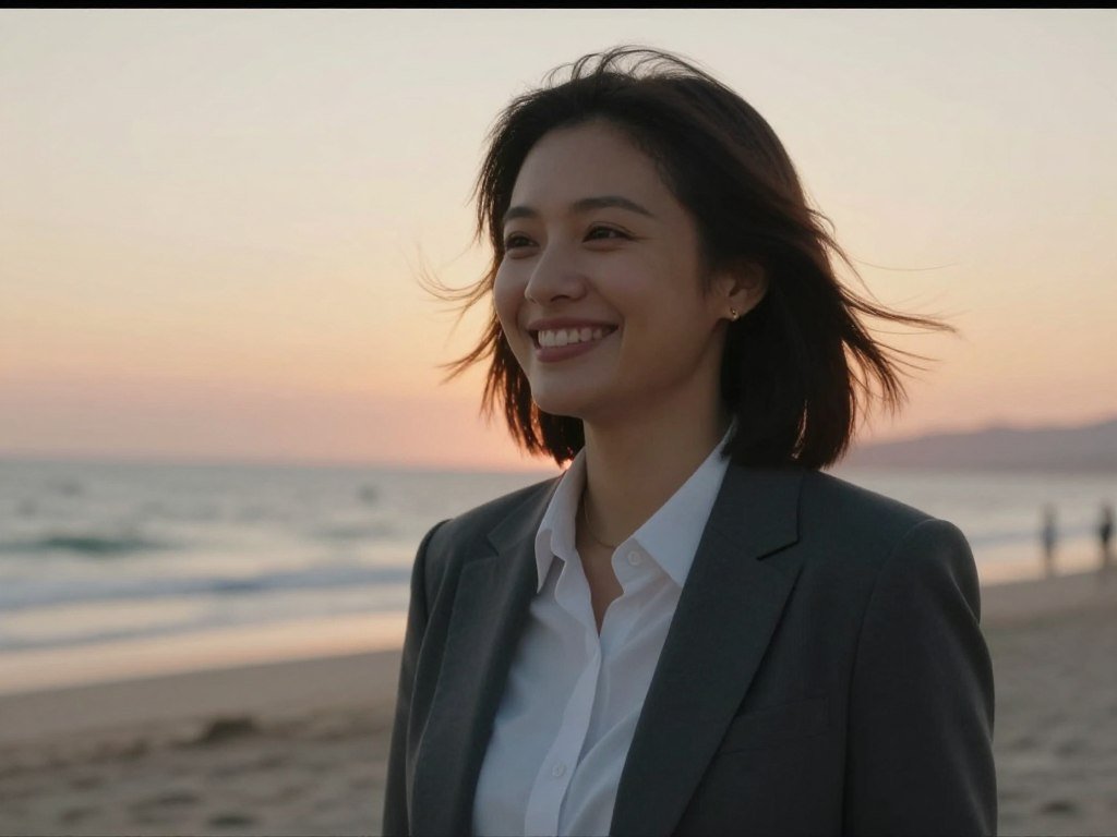 Cinematic 4k video still of a beautiful companion laughing, beach background at sunset, realistic lighting and hair movement.