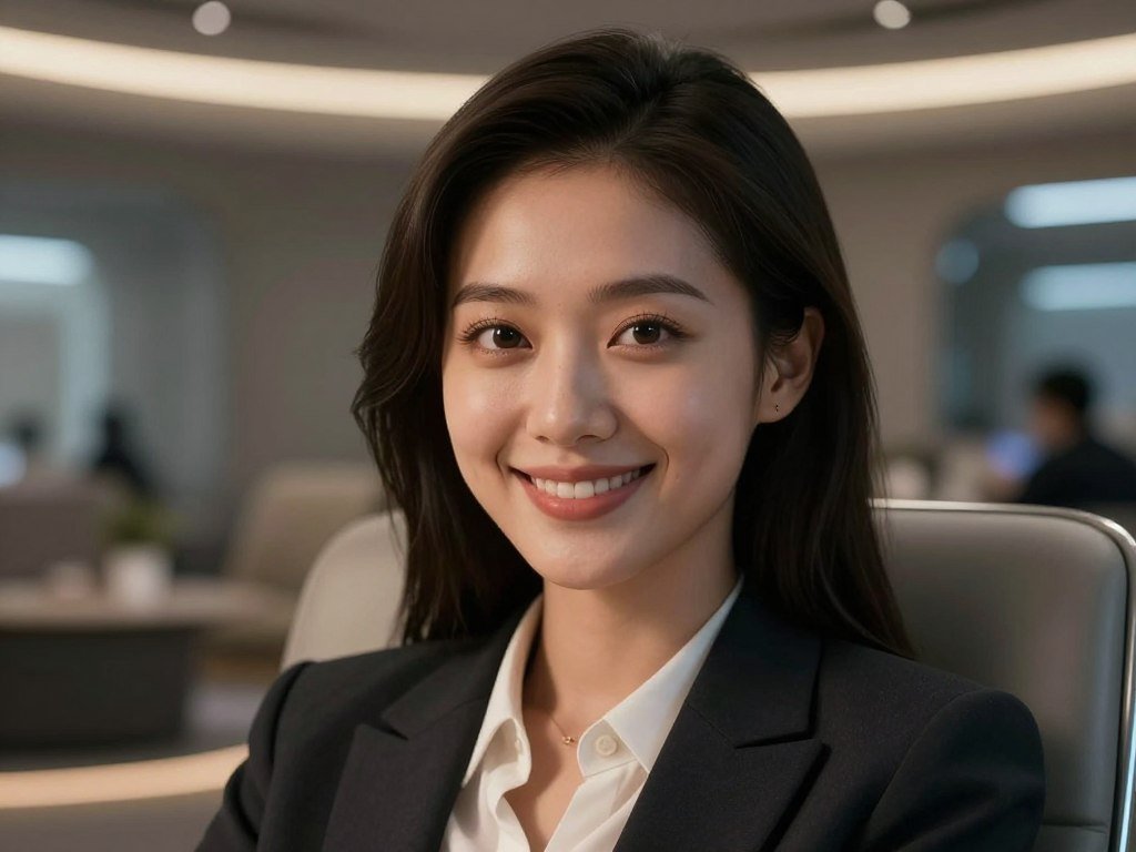 Cinematic close-up of a beautiful AI woman with expressive eyes and a warm smile, sitting in a modern high-tech lounge, soft ambient lighting, 8k resolution, highly detailed skin texture. Cinematic close-up of a beautiful AI woman with expressive eyes and a warm smile, sitting in a modern high-tech lounge, soft ambient lighting, 8k resolution, highly detailed skin texture.