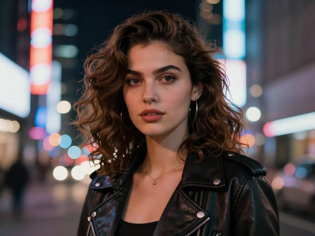 Cinematic close-up portrait of a beautiful AI girlfriend with brown wavy hair, wearing a leather jacket, urban city background at night with neon lights.