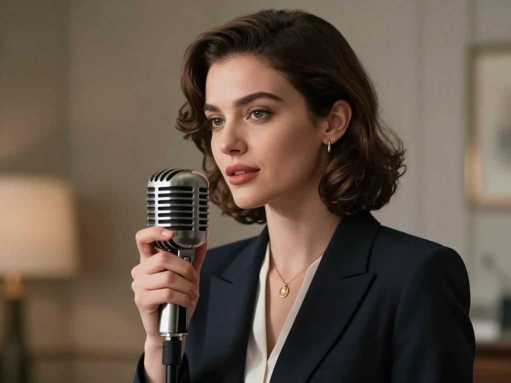 Cinematic portrait of a stylish AI woman whispering into a vintage microphone, soft focus background, elegant lighting, hyper-realistic details.