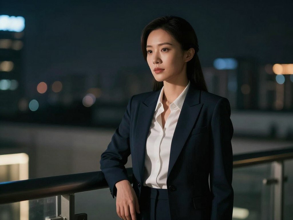 Cinematic scene of a mysterious woman in a silk dress standing on a balcony at night, city lights blurred in the background, elegant atmosphere, moody lighting.