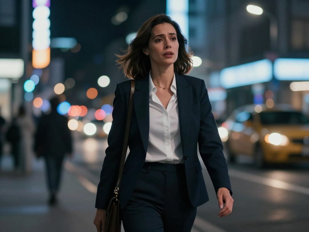 Cinematic video of a woman walking through a neon-lit city street at night, hyper-realistic, 4k resolution, emotional facial expressions, fluid motion capture.