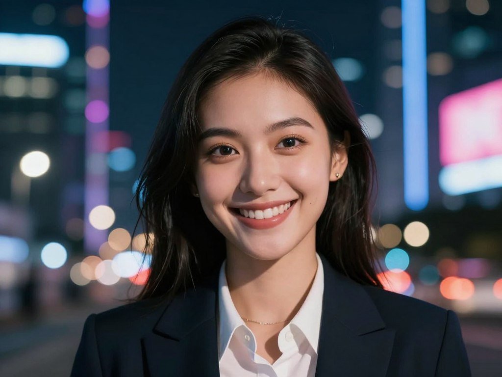 Close-up of a smiling young woman looking playfully at the camera, neon city lights in the background, cinematic bokeh effect. Close-up of a smiling young woman looking playfully at the camera, neon city lights in the background, cinematic bokeh effect.