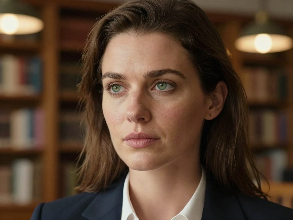 Close-up of a thoughtful virtual woman with green eyes and brown hair, cozy library background, warm ambient lighting, photorealistic style. Close-up of a thoughtful virtual woman with green eyes and brown hair, cozy library background, warm ambient lighting, photorealistic style.