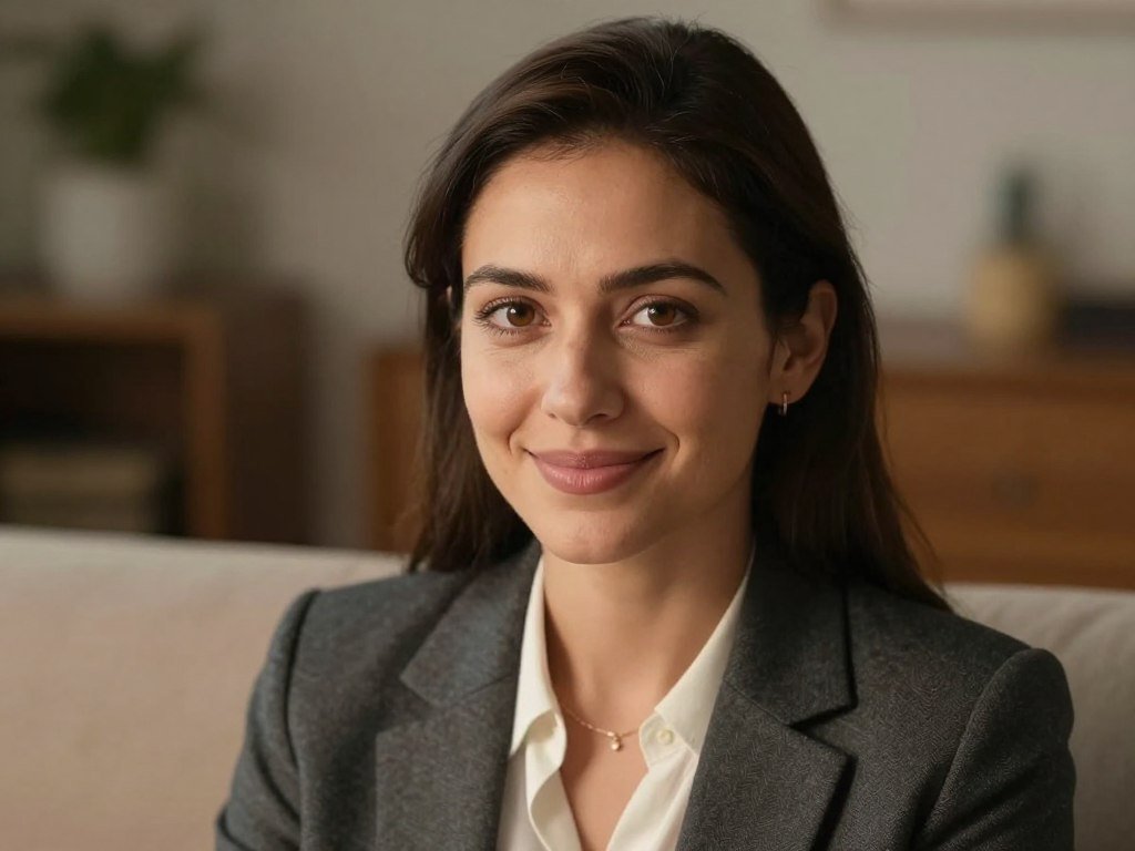 Close-up portrait of a woman with expressive brown eyes and a warm smile, sitting in a cozy living room with soft evening light, highly realistic textures. Close-up portrait of a woman with expressive brown eyes and a warm smile, sitting in a cozy living room with soft evening light, highly realistic textures.