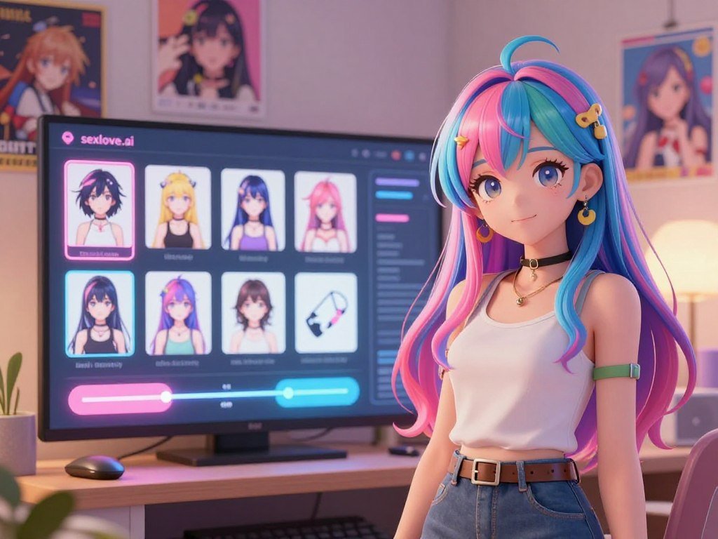Create a stunning illustration featuring a customizable anime girlfriend character inspired by the brand "sexlove.ai". In the foreground, depict a vibrant anime girl with large, expressive eyes and colorful hair, styled in a unique fashion, wearing a stylish yet modest casual outfit suited for any fan. In the middle ground, show a virtual interface displaying various customization options, like hairstyles, outfits, and accessories, with glowing buttons and sliders to signify interactivity. In the background, set a cozy, inviting virtual room adorned with posters of anime and gaming culture, illuminated by soft, warm lighting to evoke a sense of comfort and creativity. The atmosphere should be playful and dreamy, encouraging users to explore personalization in their AI anime girlfriend experience. Ensure the image is entirely safe for work. Create a stunning illustration featuring a customizable anime girlfriend character inspired by the brand "sexlove.ai". In the foreground, depict a vibrant anime girl with large, expressive eyes and colorful hair, styled in a unique fashion, wearing a stylish yet modest casual outfit suited for any fan. In the middle ground, show a virtual interface displaying various customization options, like hairstyles, outfits, and accessories, with glowing buttons and sliders to signify interactivity. In the background, set a cozy, inviting virtual room adorned with posters of anime and gaming culture, illuminated by soft, warm lighting to evoke a sense of comfort and creativity. The atmosphere should be playful and dreamy, encouraging users to explore personalization in their AI anime girlfriend experience. Ensure the image is entirely safe for work.