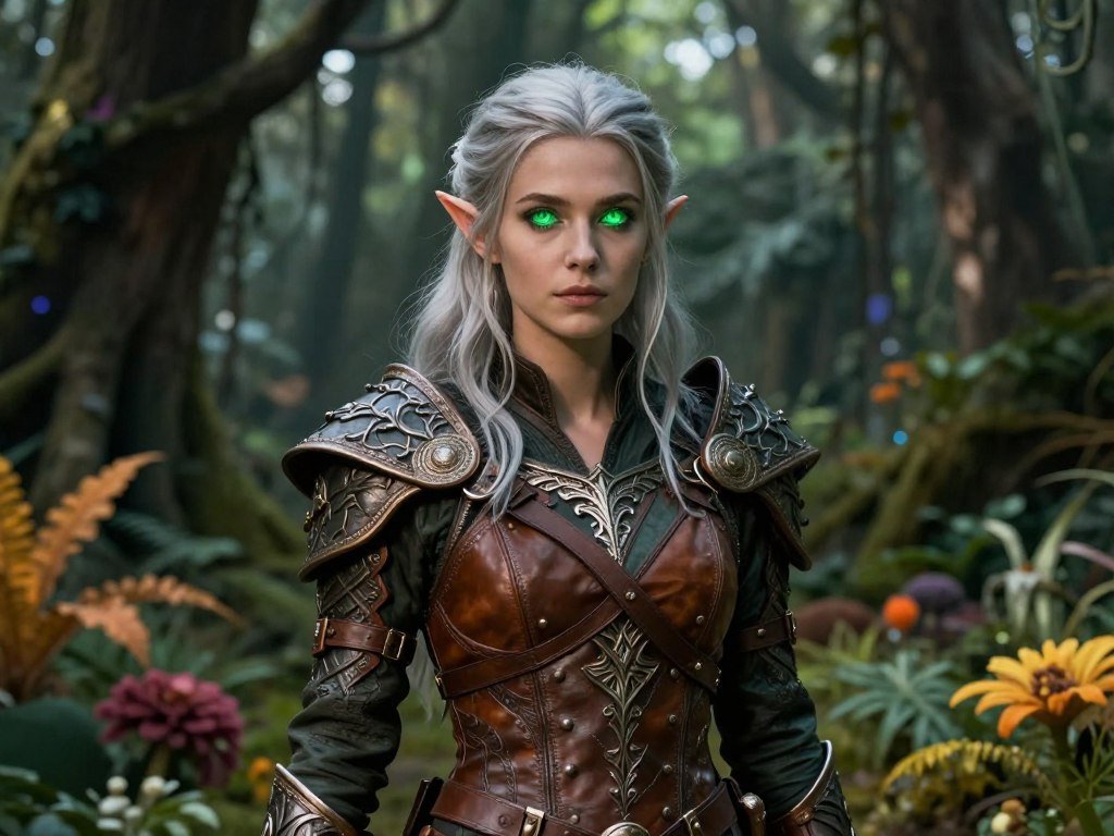 Detailed character design of a fantasy elven woman, silver hair, glowing green eyes, wearing intricate leather armor, forest background, highly detailed textures.